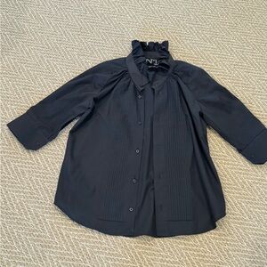 Ruffled High-Neck Pintuck Blouse in Black